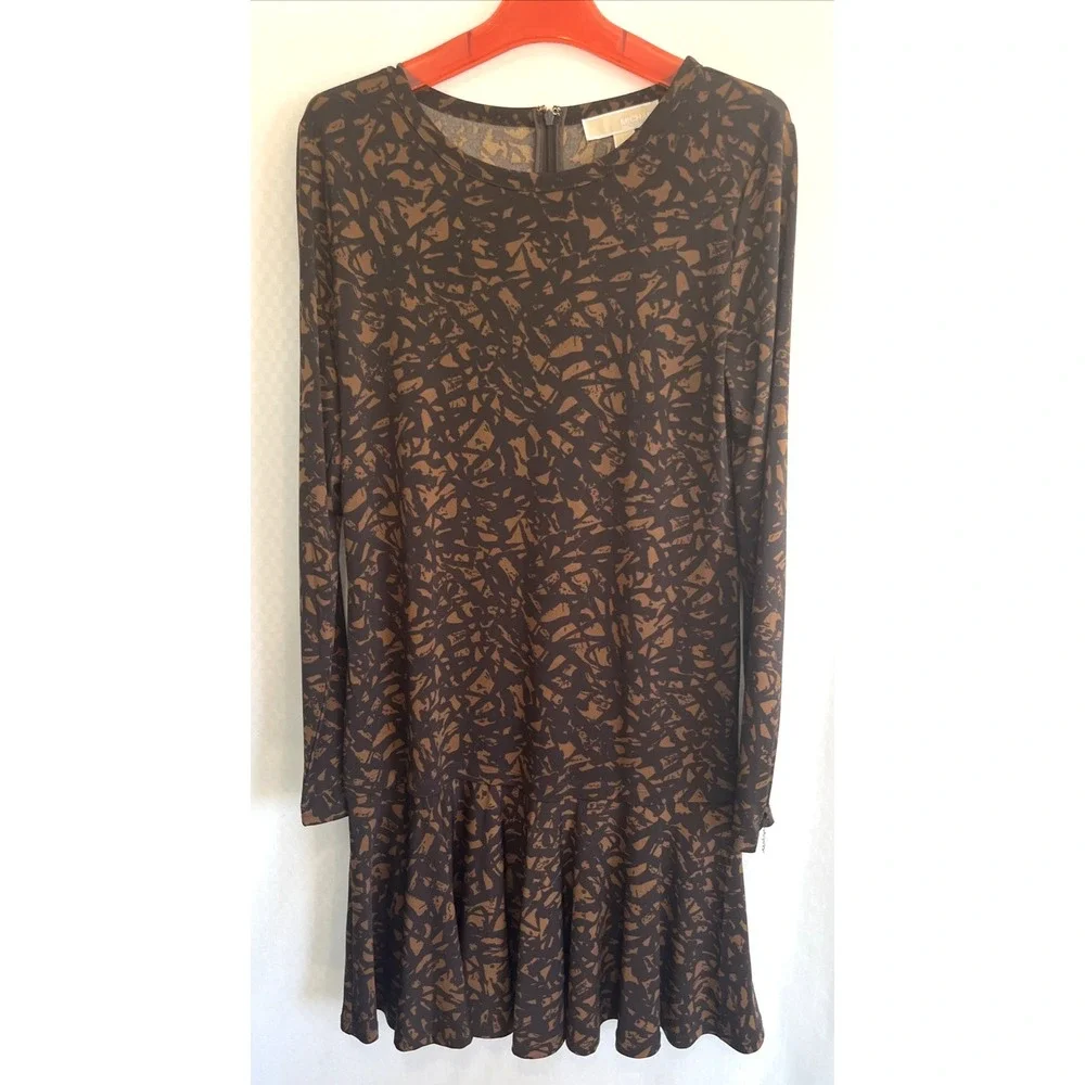 Michael Kors Abstract Print Drop Waist Pleated Dress Brown Black Medium